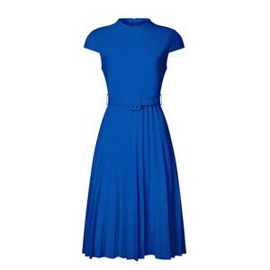 Pleated Dress Mock Neck Cap Sleeve Belted A-Line Dress Royal Blue